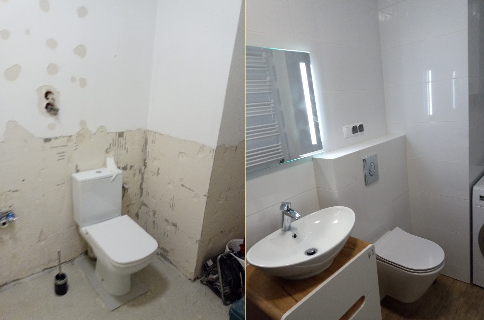 Porównanie stanu łazienki przed i po: surowe ściany z instalacją elektryczną obok wykończonej łazienki z białymi płytkami, umywalką na drewnianej szafce i podświetlanym lustrem.
