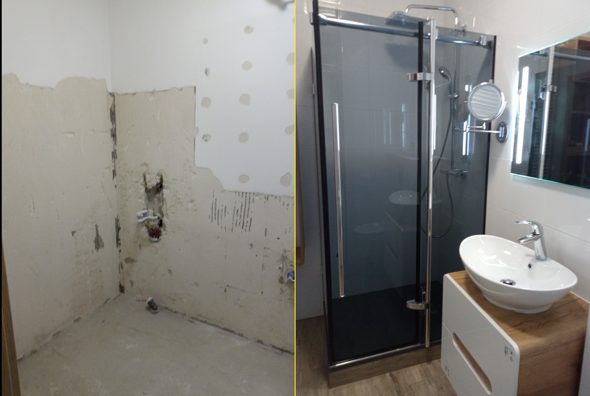 Porównanie stanu łazienki przed i po: surowe ściany z pozostałościami po płytkach kontra nowoczesna kabina prysznicowa z ciemnego szkła i owalna umywalka na drewnianej szafce.