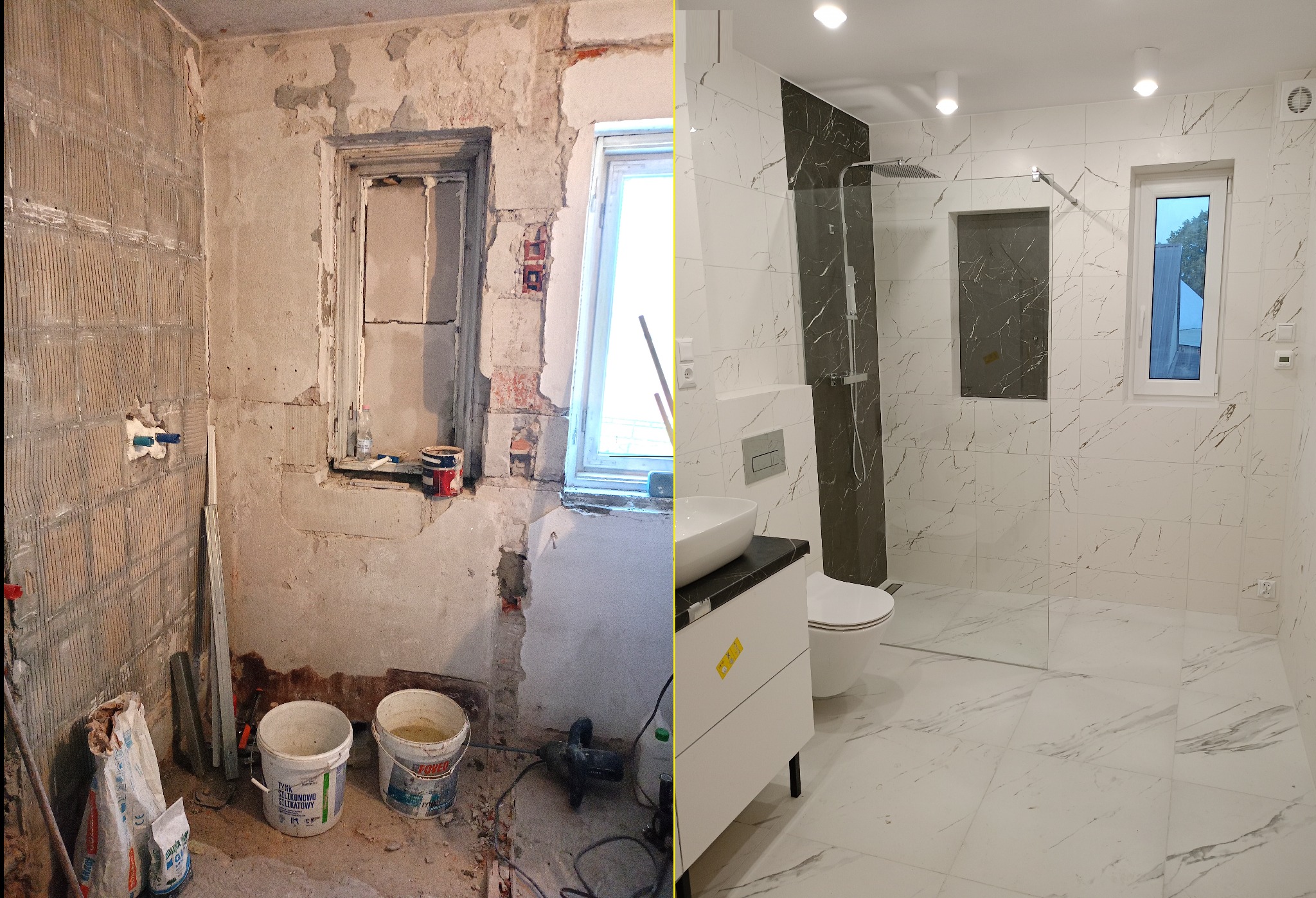Porównanie stanu łazienki przed i po remoncie: surowe ściany z instalacjami kontra nowoczesna łazienka z białymi płytkami imitującymi marmur, kabiną prysznicową typu walk-in i umywalką nablatową.