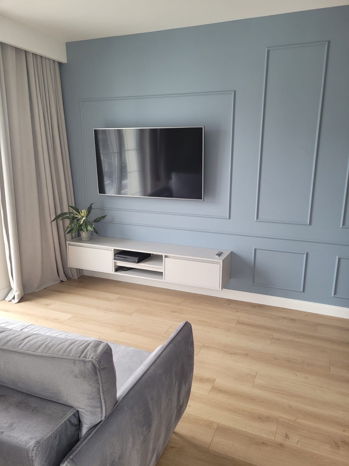 Salon w odcieniach szarości i błękitu z telewizorem na ścianie z dekoracyjnymi listwami. Pod telewizorem szafka RTV z rośliną doniczkową. Widoczny fragment sofy.