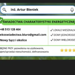 Grafika reklamowa inż. Artura Bieniek oferującego świadectwa charakterystyki energetycznej dla lokali mieszkalnych, domów jednorodzinnych i wielorodzinnych, z podanym numerem telefonu, adresem...
