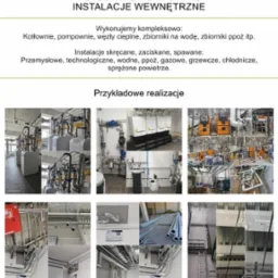 Kolaż zdjęć przedstawiających przykładowe realizacje instalacji wewnętrznych, kotłowni i pompowni, w tym instalacje przemysłowe, technologiczne, wodne, gazowe i grzewcze, z widocznymi rurami...