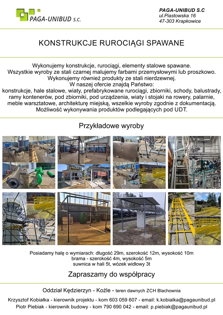Kompozycja zdjęć przedstawiających przykładowe konstrukcje stalowe, rurociągi i elementy spawane, wykonane przez firmę PAGA-UNIBUD S.C. w różnych konfiguracjach i zastosowaniach, w tym zbiorniki...