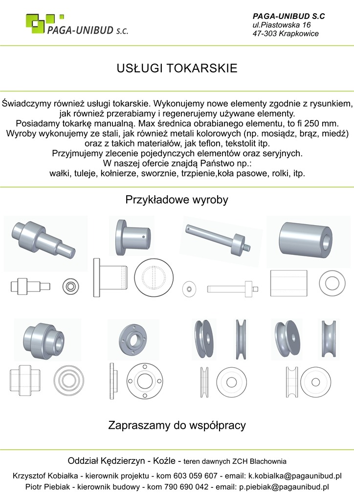 Przykładowe wyroby tokarskie: wałki, tuleje, kołnierze, sworznie, trzpienie, koła pasowe, rolki, przedstawione w formie schematycznych rysunków technicznych z wymiarami.