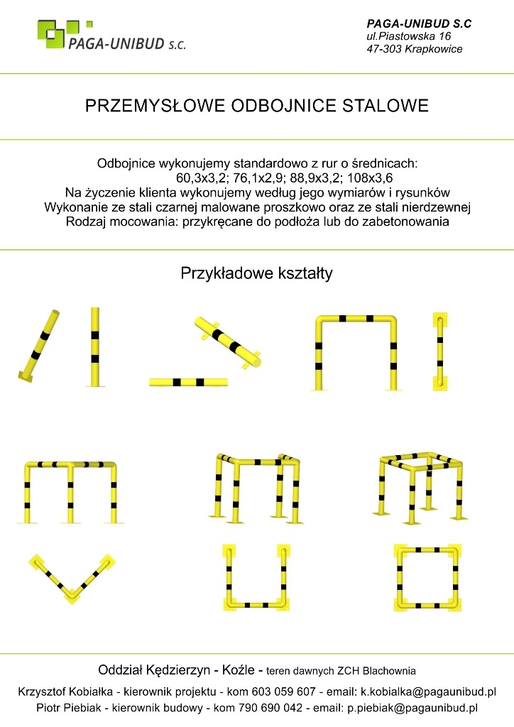 Ilustracja przedstawiająca różne kształty przemysłowych odbojnic stalowych w kolorze żółtym z czarnymi pasami, wykonanych z rur o różnych średnicach, z możliwością mocowania przez przykręcenie...