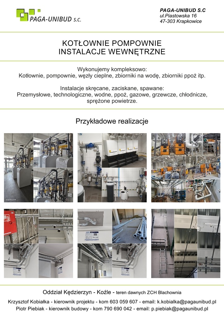 Kolaż zdjęć przedstawiających przykładowe realizacje instalacji wewnętrznych, kotłowni i pompowni, w tym instalacje przemysłowe, technologiczne, wodne, gazowe i grzewcze, z widocznymi rurami...