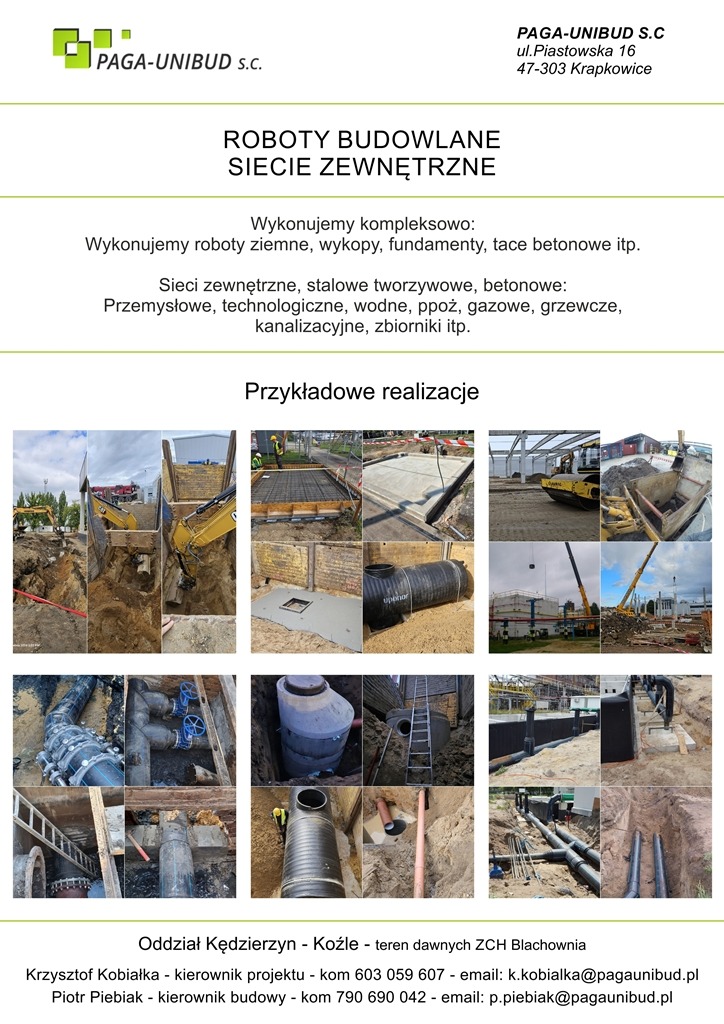 Kolaż zdjęć przedstawiających różne etapy budowy i instalacji sieci zewnętrznych, w tym wykopy, fundamenty, rury, studzienki kanalizacyjne, prace ziemne z użyciem koparki, oraz konstrukcje stalowe...