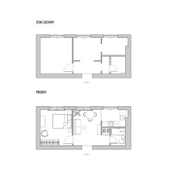 Rzuty przedstawiające stan zastany oraz projekt zmiany układu wnętrza.