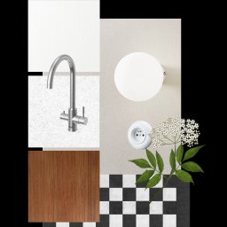 Moodboard przedstawiający wybrane materiały oraz kolorystykę.