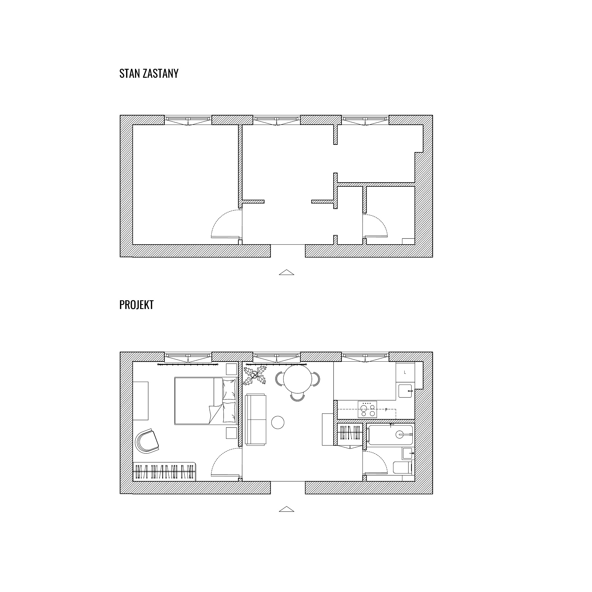 Rzuty przedstawiające stan zastany oraz projekt zmiany układu wnętrza.