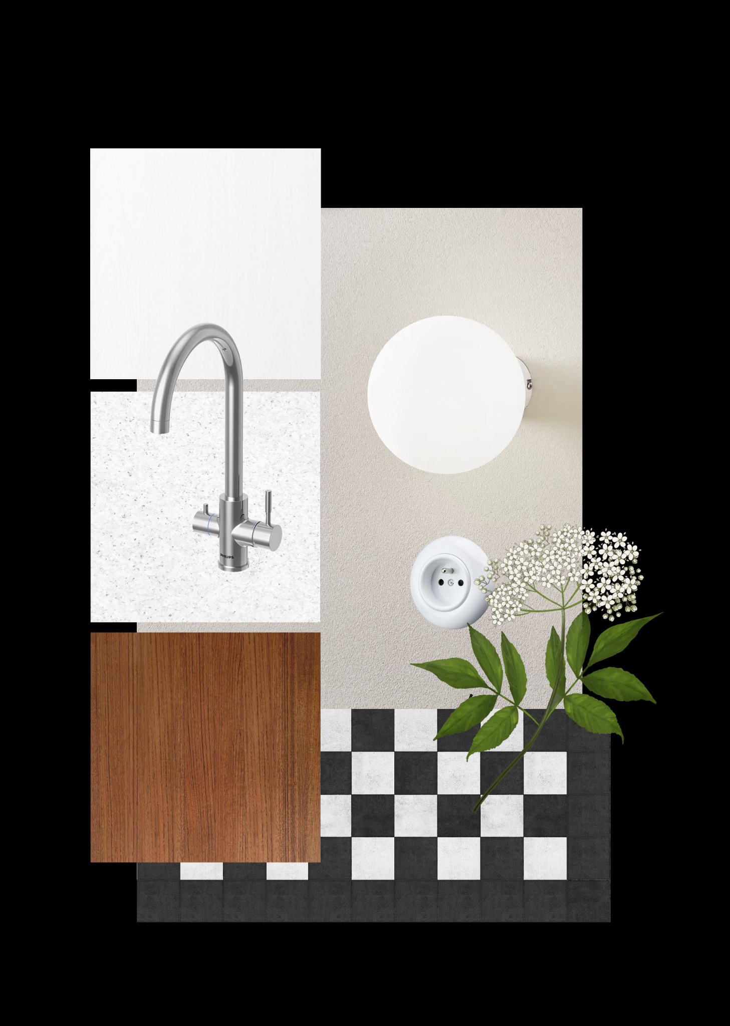 Moodboard przedstawiający wybrane materiały oraz kolorystykę.