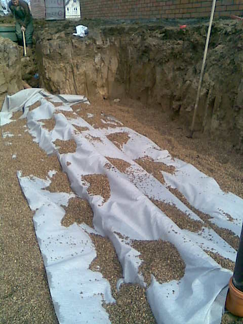 Wykop pod oczyszczalnię ścieków IN-DRAN z ułożoną geowłókniną i zasypywany żwirem, widoczny pracownik z łopatą w tle.