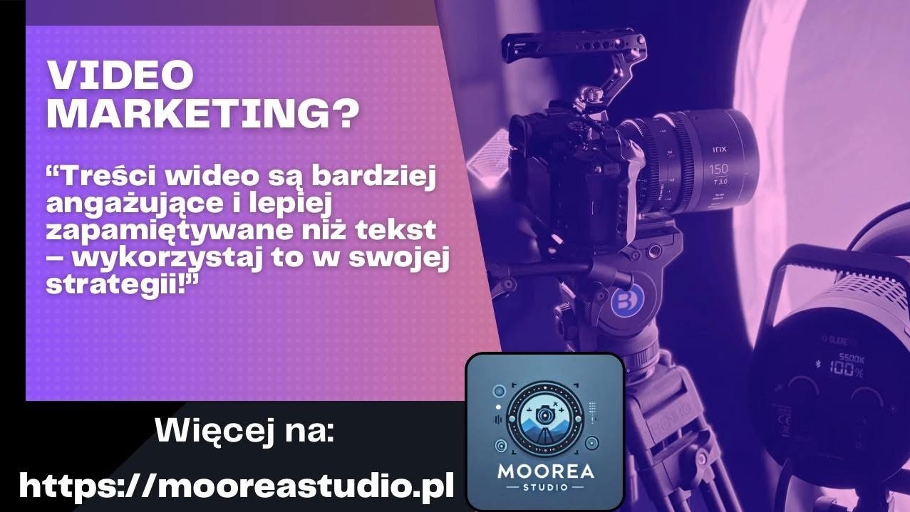 Profesjonalny sprzęt do wideomarketingu: kamera na statywie, oświetlenie studyjne. Tekst o angażujących treściach wideo i logo Moorea Studio.