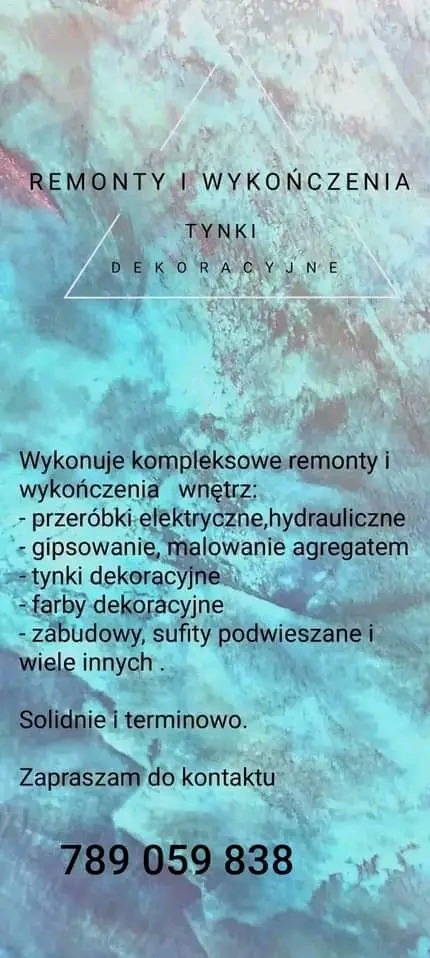 Grafika reklamowa firmy oferującej kompleksowe remonty i wykończenia wnętrz, w tym tynki dekoracyjne, z podanym numerem telefonu kontaktowego.