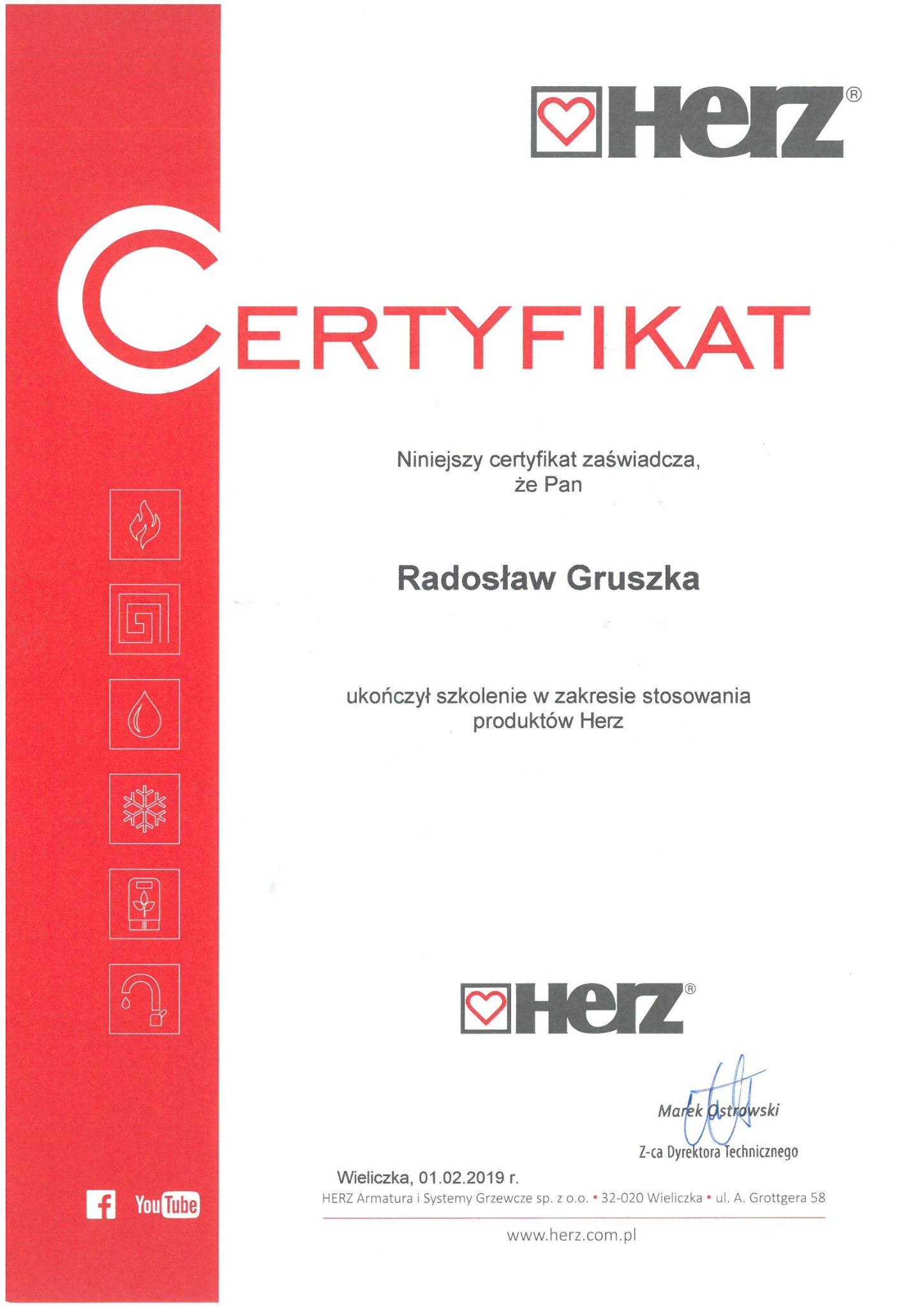 Certyfikat ukończenia szkolenia z zakresu stosowania produktów Herz dla Radosława Gruszki, wydany 01.02.2019 w Wieliczce przez Herz Armatura i Systemy Grzewcze.