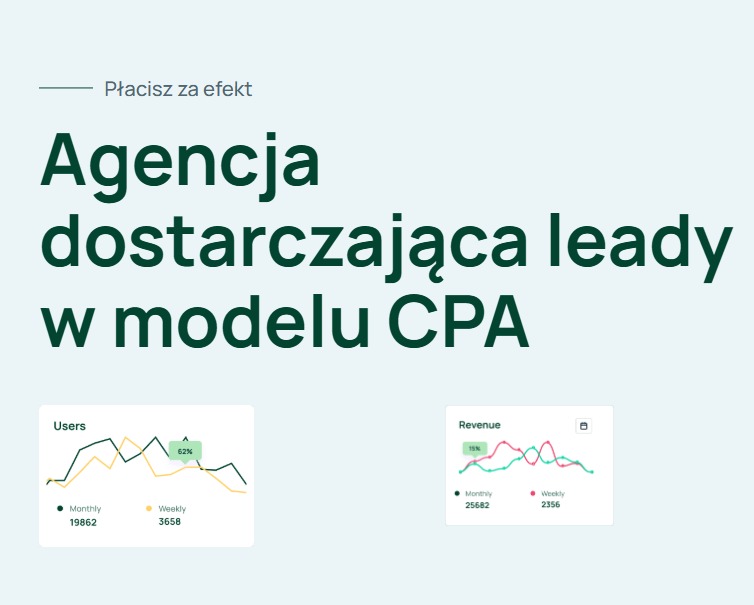 Agencja dostarczająca leady w modelu CPA. Wykresy wzrostu użytkowników i przychodów (miesięczne i tygodniowe). Płacisz za efekt.