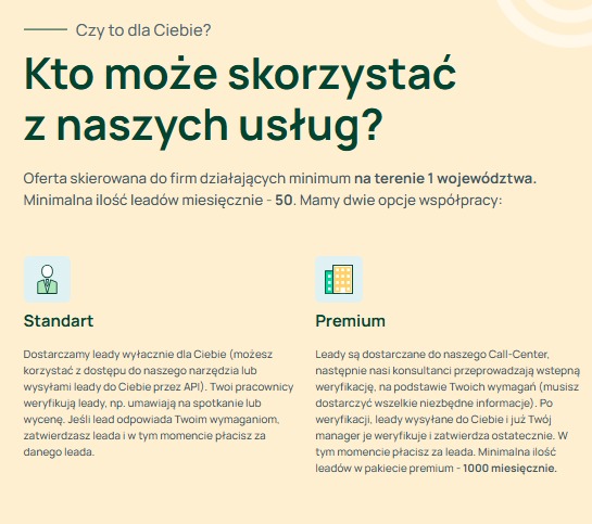 Grafika informacyjna o ofercie leadów: standard i premium. Tekst o minimalnej ilości leadów i opcjach współpracy. Grafika z ikonami osoby i budynku.