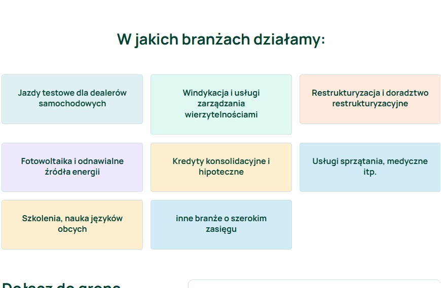 Oferta firmy: branże działalności z jazdami testowymi, windykacją, fotowoltaiką, kredytami, szkoleniami, restrukturyzacją i usługami sprzątania.