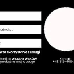 Karta rabatowa z miejscem na imię, datę ważności i podpis, z elementami graficznymi w kolorze niebieskim i czarnym oraz informacją o rabacie na kolejną usługę WATAHY WILKÓW i numerem kontaktowym.