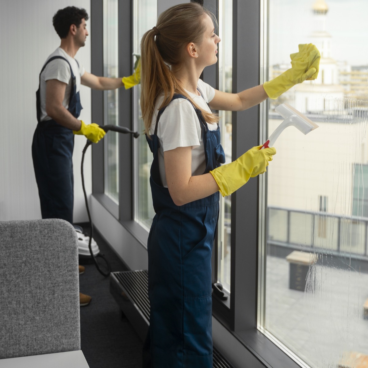 Dwoje pracowników w Katowicach w trakcie mycia okien w biurze, kobieta używa ściągaczki, mężczyzna myjki ciśnieniowej, widok na budynek z kopułą.