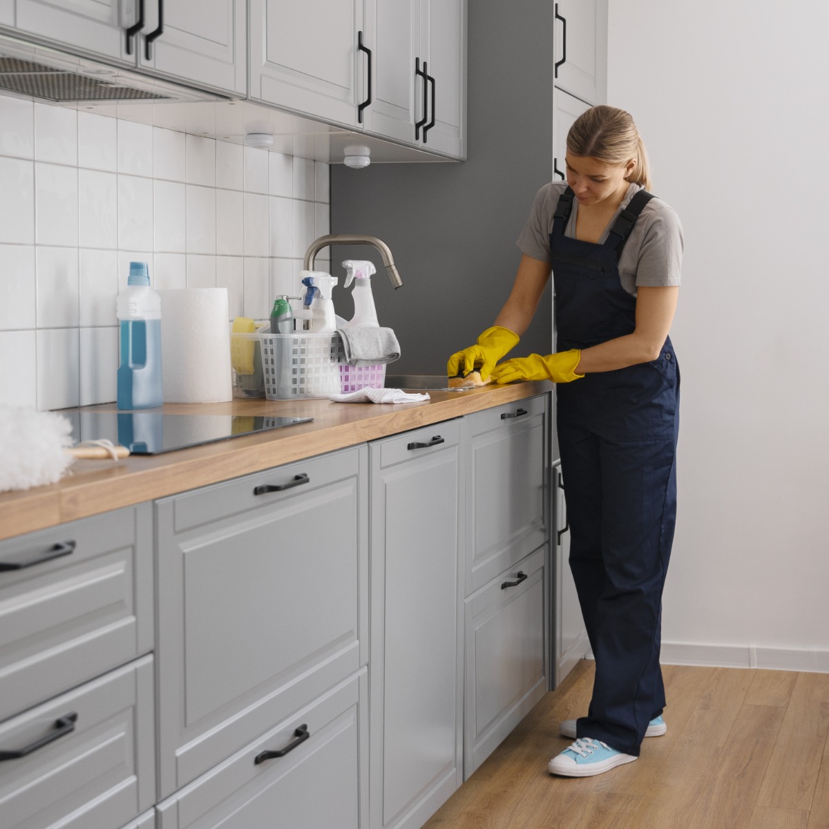 Kobieta w granatowym kombinezonie i żółtych rękawicach czyści zlew w szarej kuchni, używając gąbki. Na blacie widoczne środki czystości i akcesoria w koszyku.