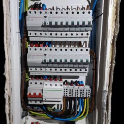 Rozdzielnica elektryczna z zainstalowanymi bezpiecznikami i okablowaniem w białej obudowie, widoczne marki AEG i Schneider, ściana wokół obudowy nierówna i otynkowana