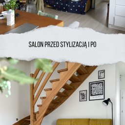 Aleksandra Kisała - Porównanie salonu przed i po stylizacji: od zagraconej przestrzeni z drewnianymi schodami do uporządkowanego wnętrza z żółtą sofą, stolikiem kawowym i minimalistycznymi grafikami na ścianie.