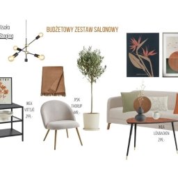 Aleksandra Kisała - Moodboard salonu w stylu minimalistycznym z beżową sofą, drewnianym stolikiem kawowym, lampą podłogową i roślinami w doniczkach, uzupełniony o plakaty na ścianie i tekstylia w ciepłych odcieniach...