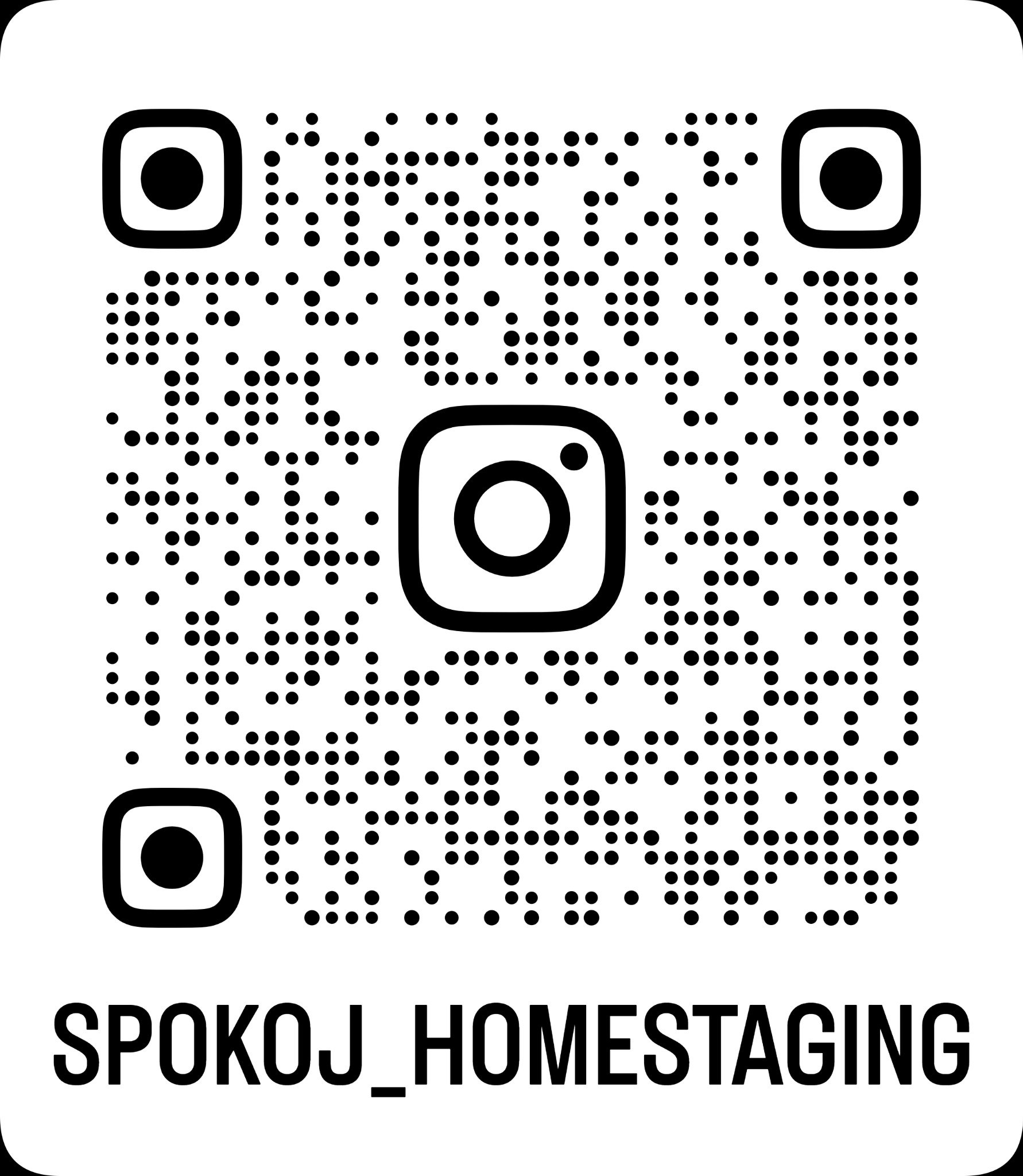 Czarno-biały kod QR z logo Instagrama pośrodku i napisem SPOKOJ_HOMESTAGING na dole.