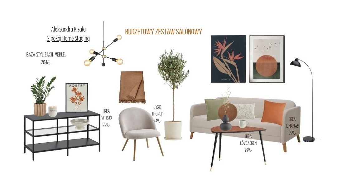 Moodboard salonu w stylu minimalistycznym z beżową sofą, drewnianym stolikiem kawowym, lampą podłogową i roślinami w doniczkach, uzupełniony o plakaty na ścianie i tekstylia w ciepłych odcieniach...
