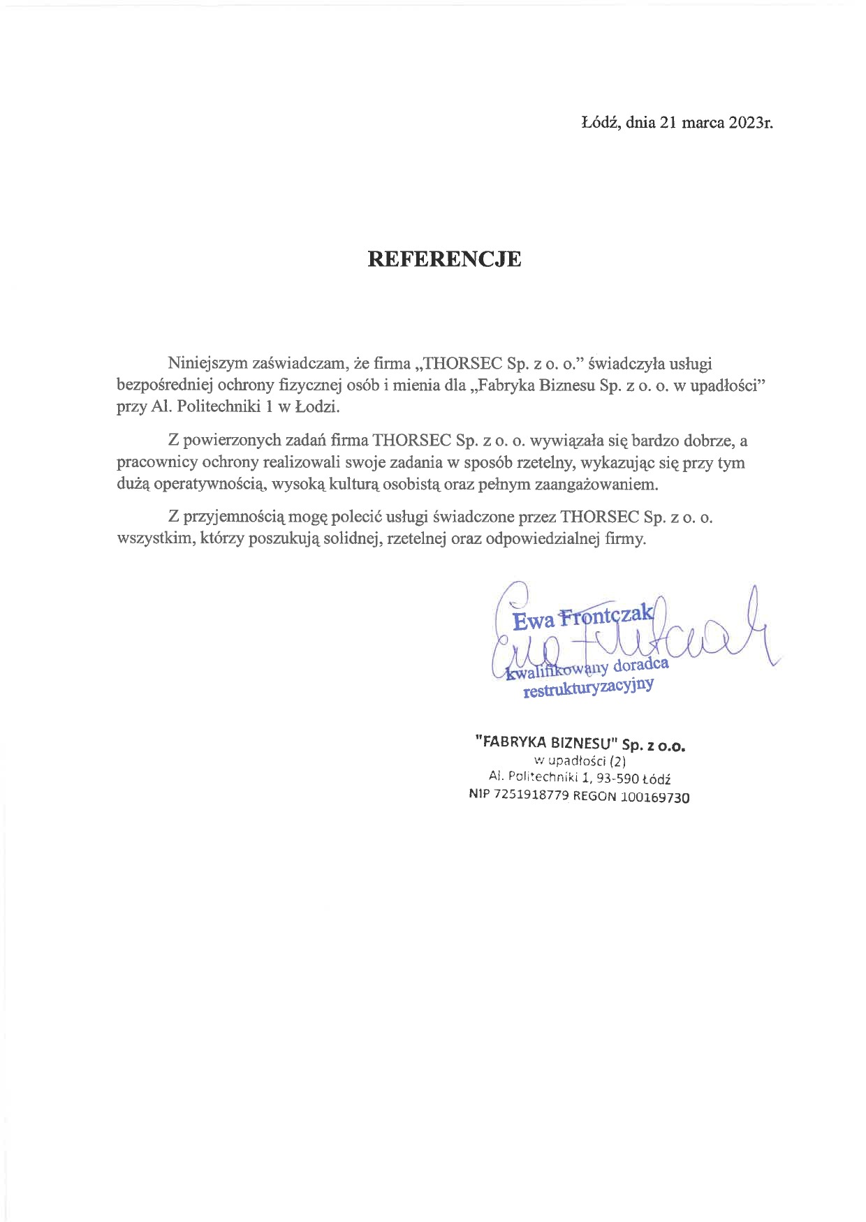 Skan dokumentu referencyjnego dla firmy THORSEC Sp. z o.o. z nagłówkiem 'REFERENCJE', datowany na 21 marca 2023, z podpisem Ewy Frontczak, kwalifikowanego doradcy restrukturyzacyjnego oraz danymi...