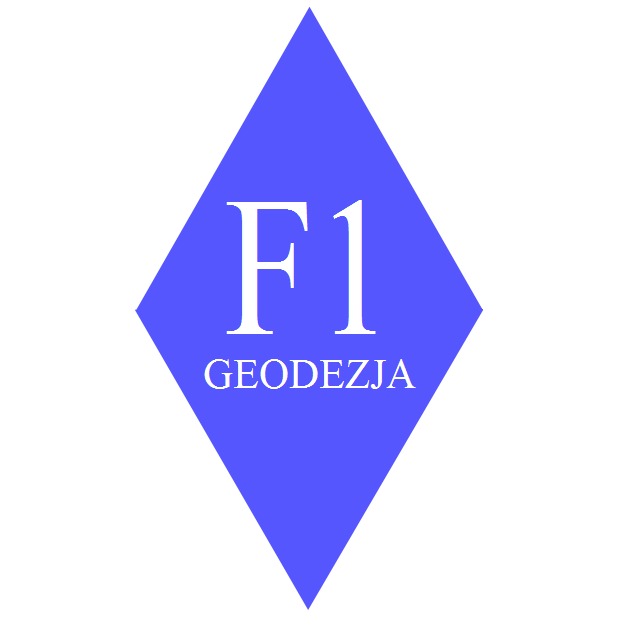 Logo firmy geodezyjnej: niebieski romb z białym napisem 'F1 GEODEZJA'.