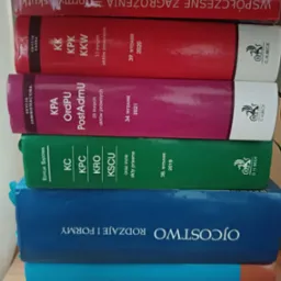 Stos prawniczych kodeksów i zbiorów aktów prawnych, w tym kodeks karny, postępowania karnego, cywilny, rodzinny i opiekuńczy, ułożonych jeden na drugim.