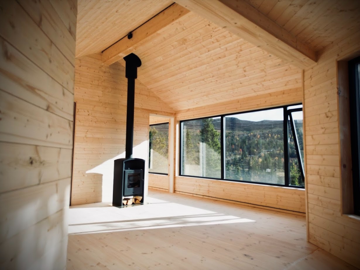 Surowe wnętrze domu z drewnianą boazerią, czarny piec wolnostojący i panoramiczne okna z widokiem na las.