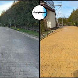 Efekt pioruna Piotr Mioduszewski - Porównanie kostki brukowej przed i po czyszczeniu. Lewa strona szara, zabrudzona, prawa strona żółta, czysta. W tle budynek i drzewa.