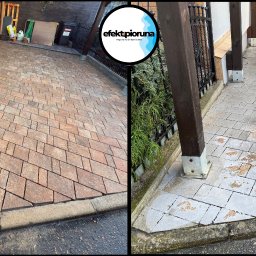 Efekt pioruna Piotr Mioduszewski - Kostka brukowa przed i po czyszczeniu, widoczna różnica w kolorze i czystości, zarys logo firmy w tle. Efekt czyszczenia ciśnieniowego.