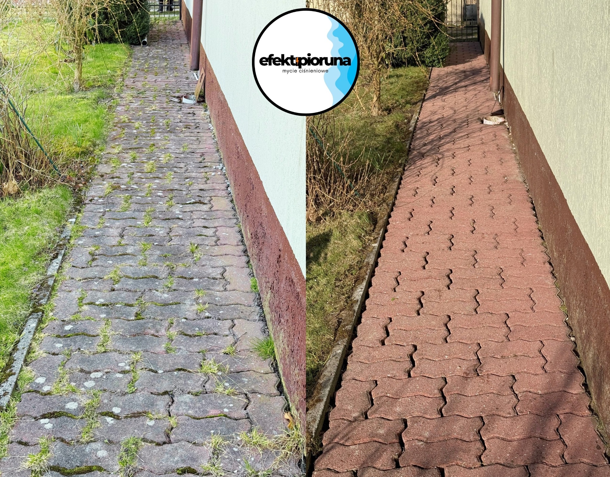 Porównanie kostki brukowej przed i po czyszczeniu: po lewej stronie szara, porośnięta mchem i trawą, po prawej czerwona, czysta, z widocznym logo firmy w górnej części kadru.