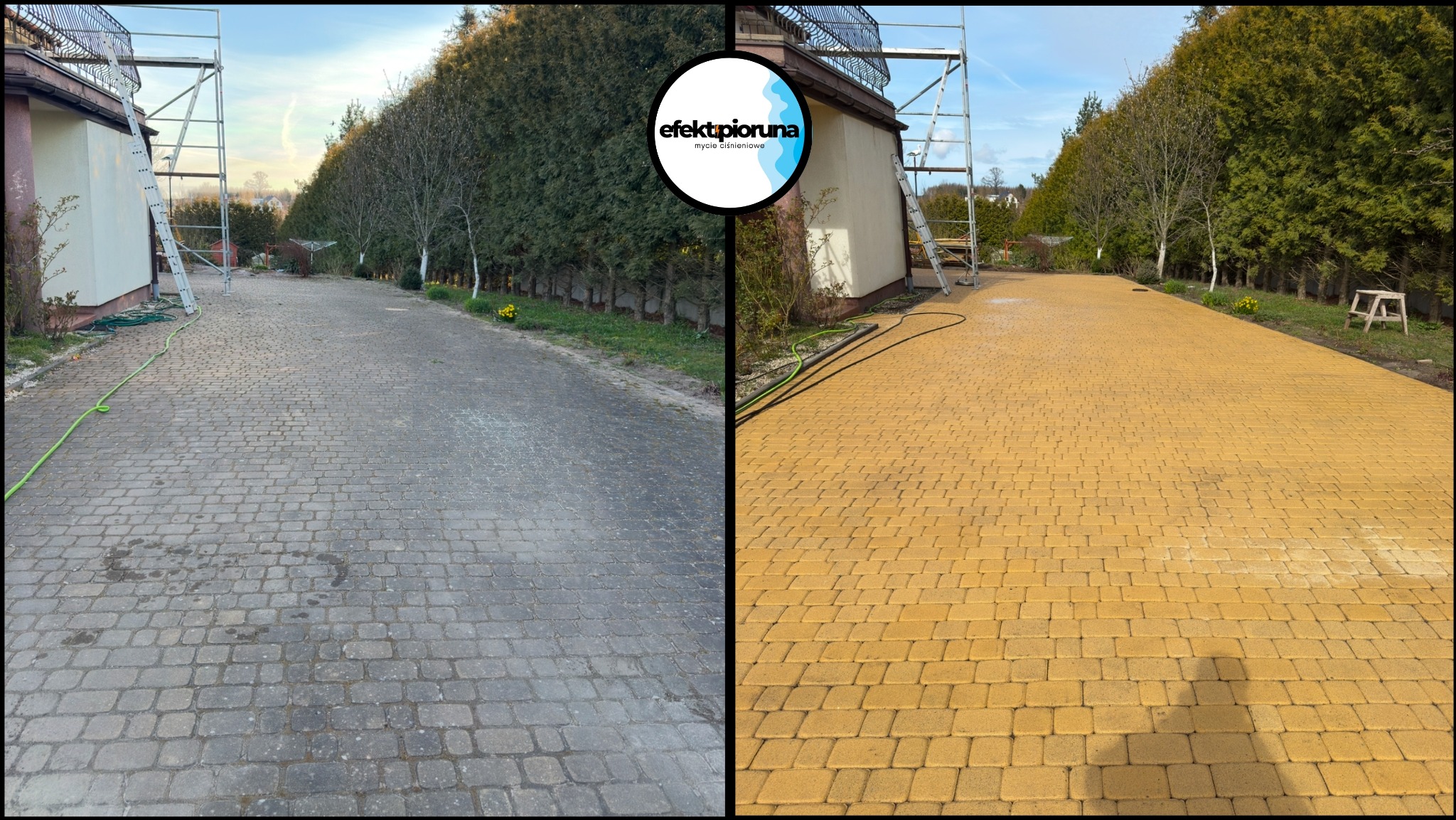 Porównanie kostki brukowej przed i po czyszczeniu. Lewa strona szara, zabrudzona, prawa strona żółta, czysta. W tle budynek i drzewa.