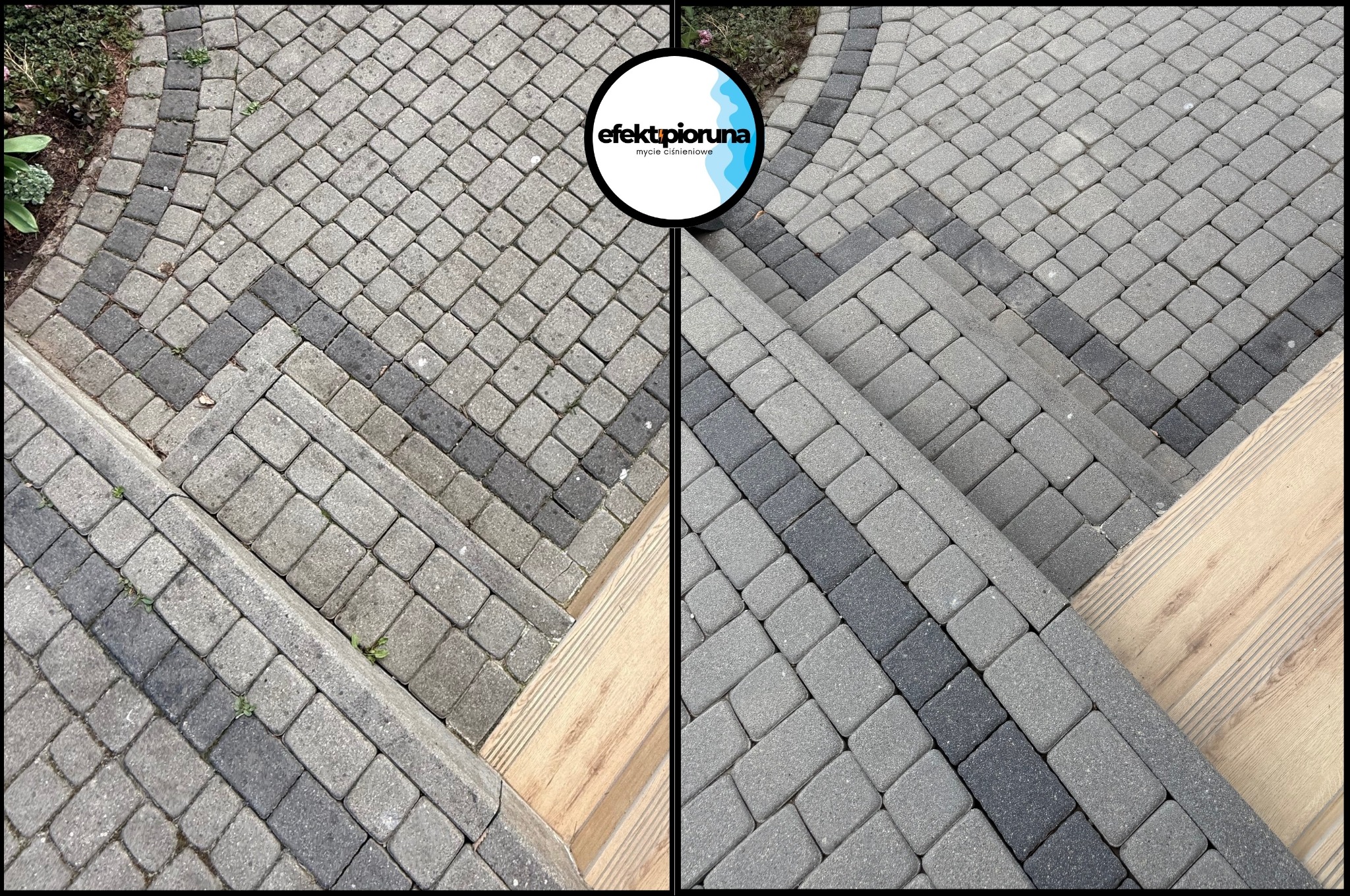 Kostka brukowa po czyszczeniu, widoczne schody i fragment tarasu. Na kostce widoczne logo firmy czyszczącej. Różnica w kolorze kostki przed i po czyszczeniu.