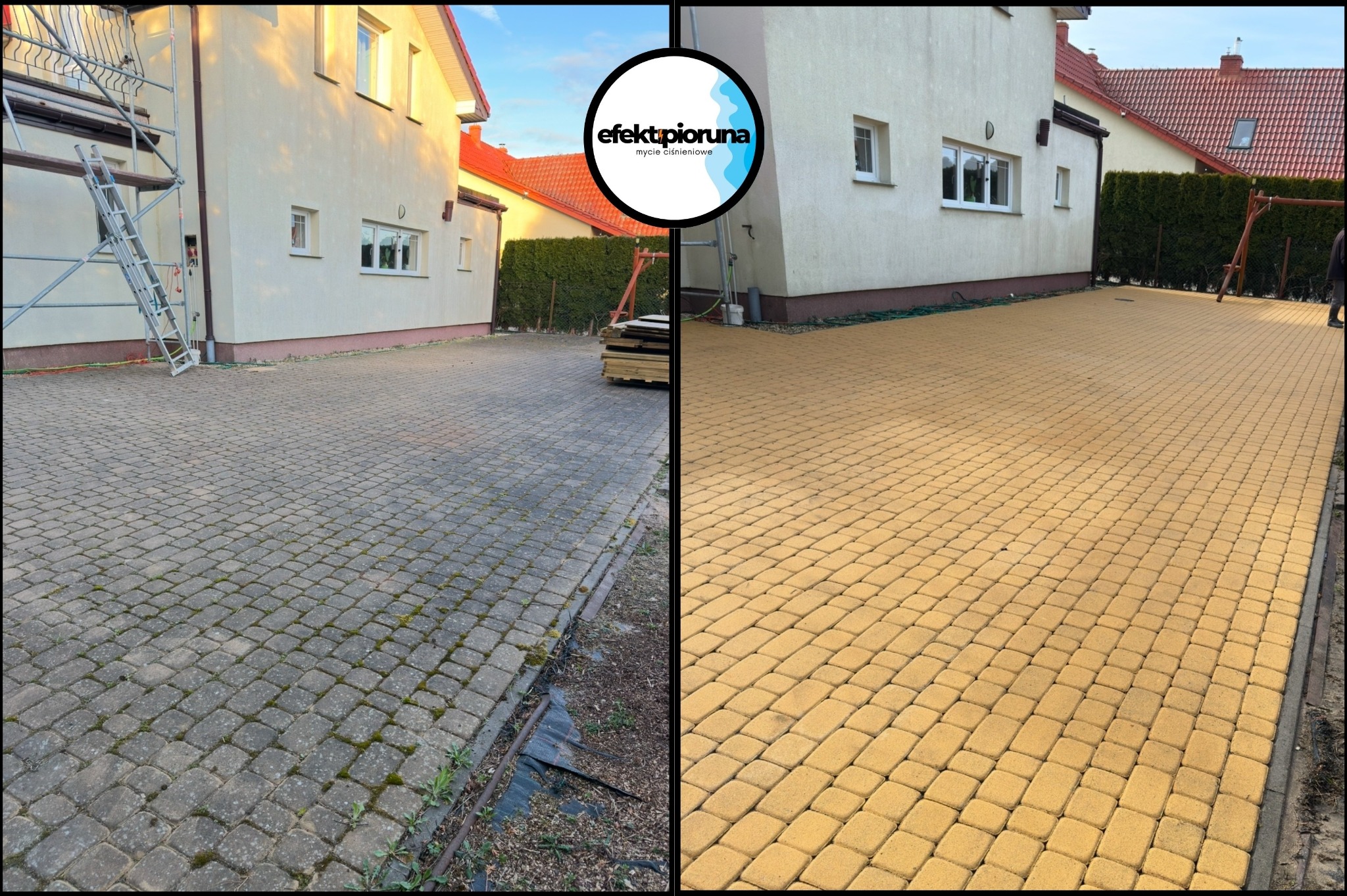 Porównanie kostki brukowej przed i po czyszczeniu. Lewa strona szara, zabrudzona, prawa strona żółta, czysta. Widoczne budynki w tle.