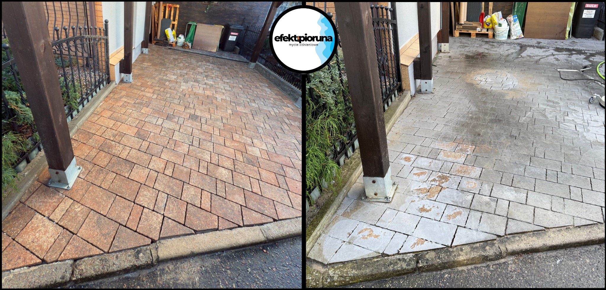 Kostka brukowa przed i po czyszczeniu, widoczna różnica w kolorze i czystości, zarys logo firmy w tle. Efekt czyszczenia ciśnieniowego.