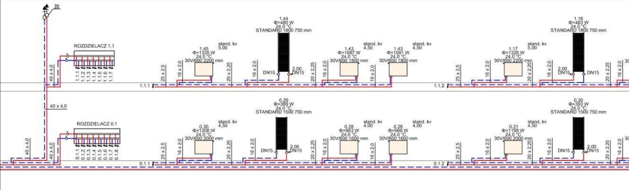 Schemat instalacji centralnego ogrzewania z rozdzielaczami, grzejnikami i rurami oznaczonymi wymiarami i parametrami technicznymi.