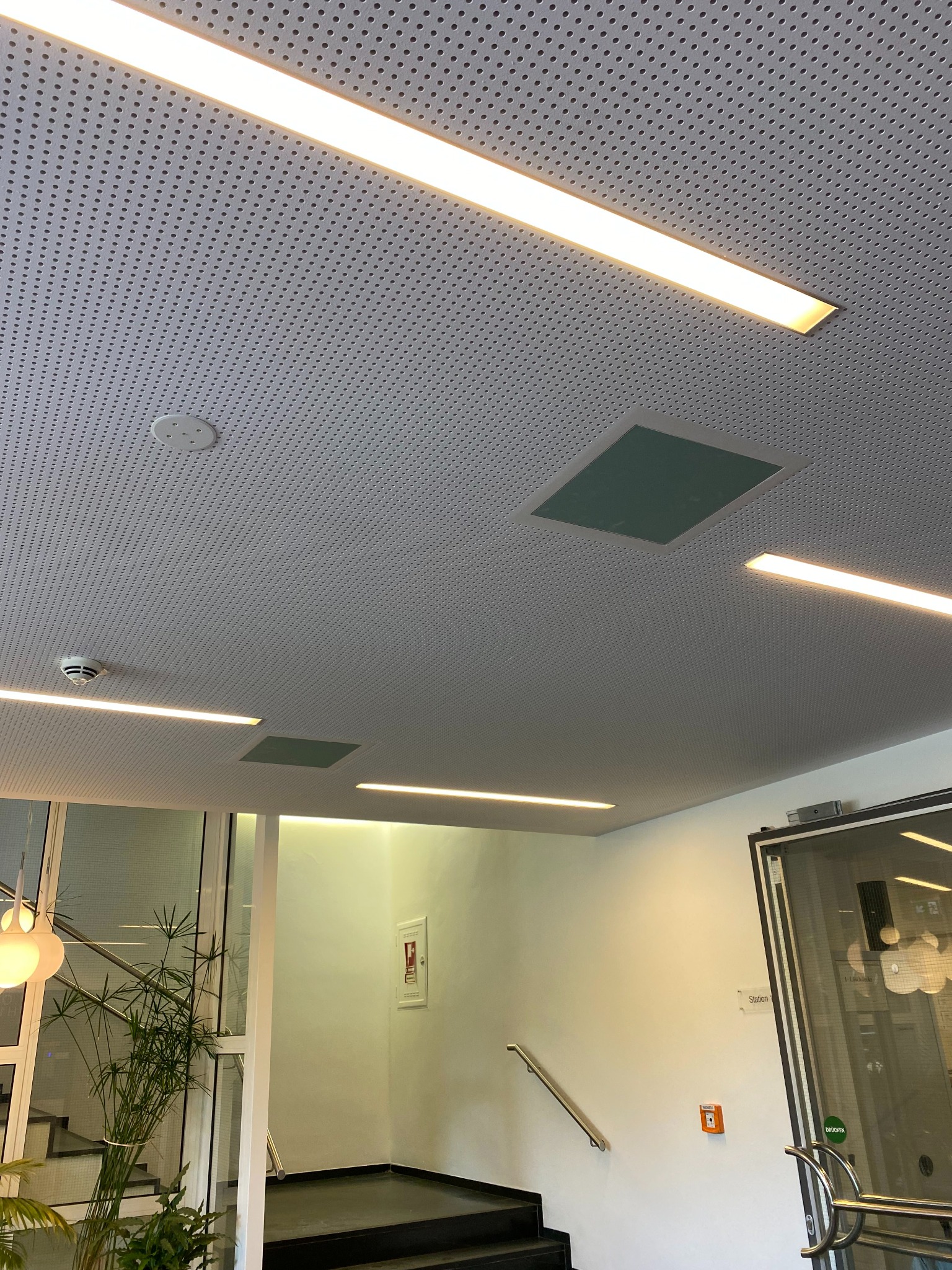 Perforowany sufit podwieszany z liniowymi lampami LED i kratką wentylacyjną. Widoczny czujnik dymu i fragment klatki schodowej z roślinami w tle.