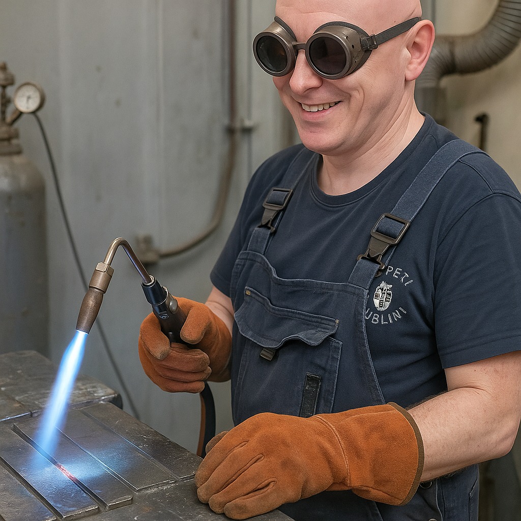 Uśmiechnięty spawacz w ochronnych okularach spawa metal palnikiem acetylenowo-tlenowym w warsztacie. Widoczne iskry i płomień. Rękawice i kombinezon roboczy.