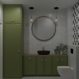 LiVArt Studio Liwia Strzałka - Wizualizacja łazienki z szafkami w odcieniu oliwkowej zieleni, okrągłym lustrem z miedzianą ramą i czarną umywalką nablatową.