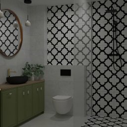 LiVArt Studio Liwia Strzałka - Nowoczesna łazienka z zieloną szafką pod umywalką, okrągłym lustrem w miedzianej ramie i czarno-białymi płytkami w marokański wzór na ścianach i podłodze w strefie prysznica.