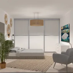 Wizualizacja sypialni w neutralnych barwach: łóżko, fotel, dywan w odcieniach beżu. Dekoracje ścienne, lampa wisząca. Minimalistyczny styl, jasne wnętrze.