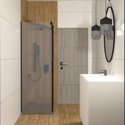LiVArt Studio Liwia Strzałka - Wizualizacja łazienki z kabiną prysznicową, umywalką i drewnianą podłogą. Minimalistyczne lampy wiszące i owalne lustro dodają nowoczesnego charakteru.