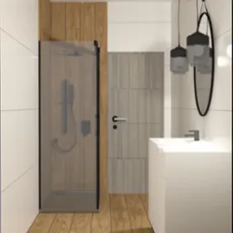 Wizualizacja łazienki z kabiną prysznicową, umywalką i drewnianą podłogą. Minimalistyczne lampy wiszące i owalne lustro dodają nowoczesnego charakteru.
