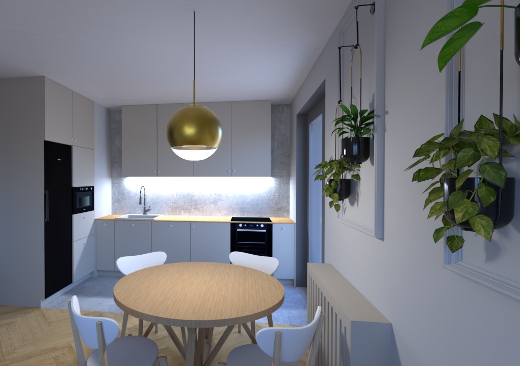 Wizualizacja nowoczesnej kuchni z okrągłym drewnianym stołem, białymi krzesłami, szarymi szafkami, złotą lampą wiszącą i roślinami doniczkowymi na ścianie.